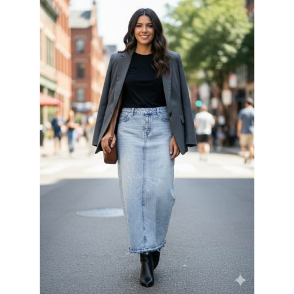 High-Waisted Blue Denim Straight Maxi Skirt with Back Slit. Size 12